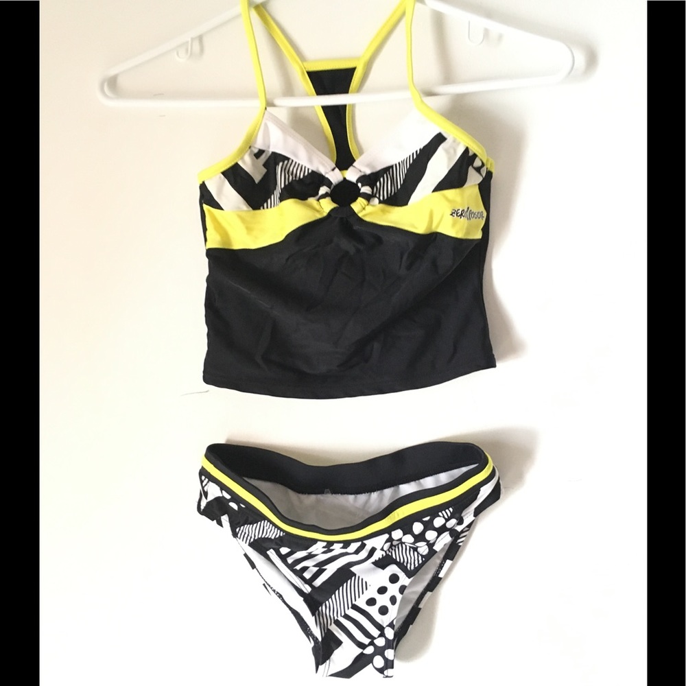 Black, white, and neon yellow swimsuit
